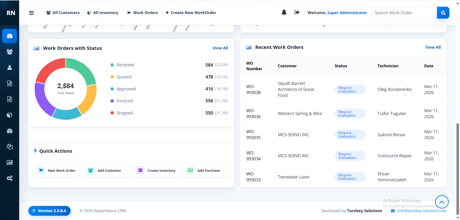 RepairNexus work order status and recent work orders